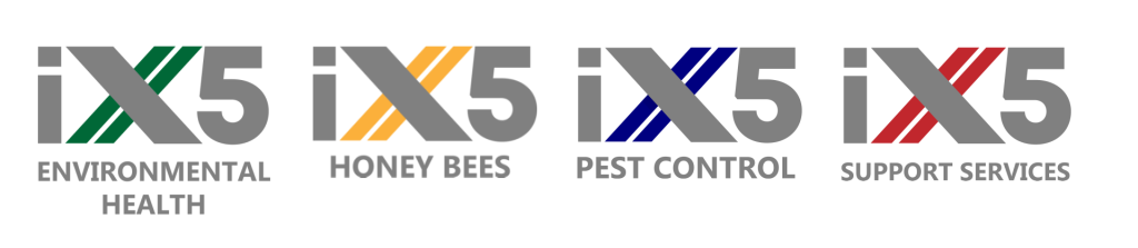 iX5 Environmental Services division logos for Environmental Health, Honey Bees, Pest Control, and Support Services, representing a growing business receiving accounting support for pest control companies